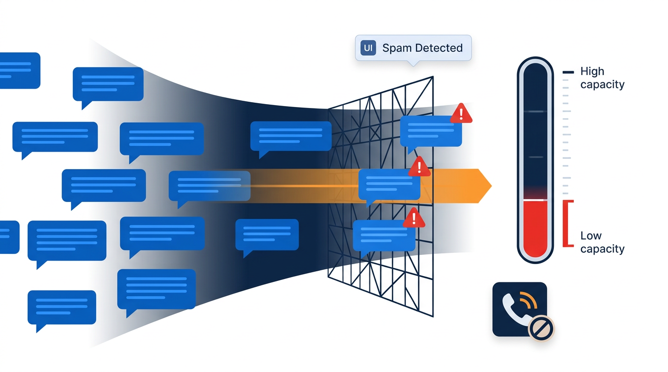 WhatsApp spam detection algorithm identifying broadcast pattern and throttling account messaging capacity