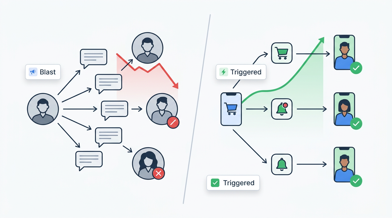 Trigger-based WhatsApp messaging replacing broadcast blasts -- delivery rate recovering with consent-verified messaging