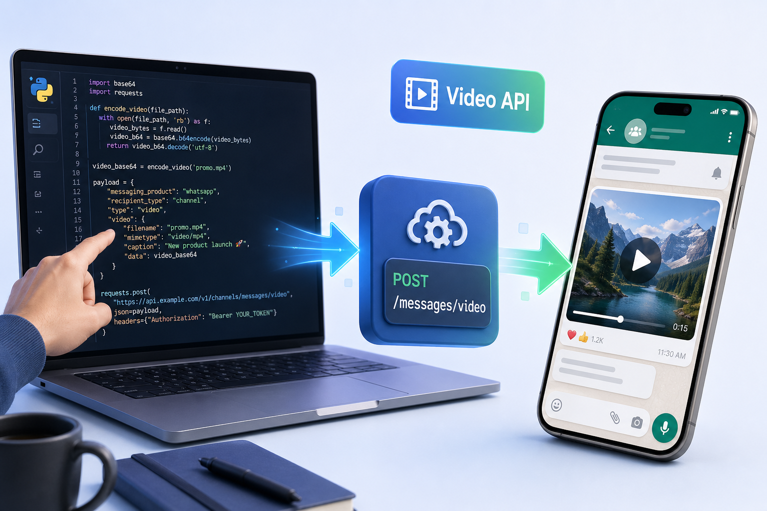 WhatsApp Channel video and image post API workflow diagram with Python code overlay
