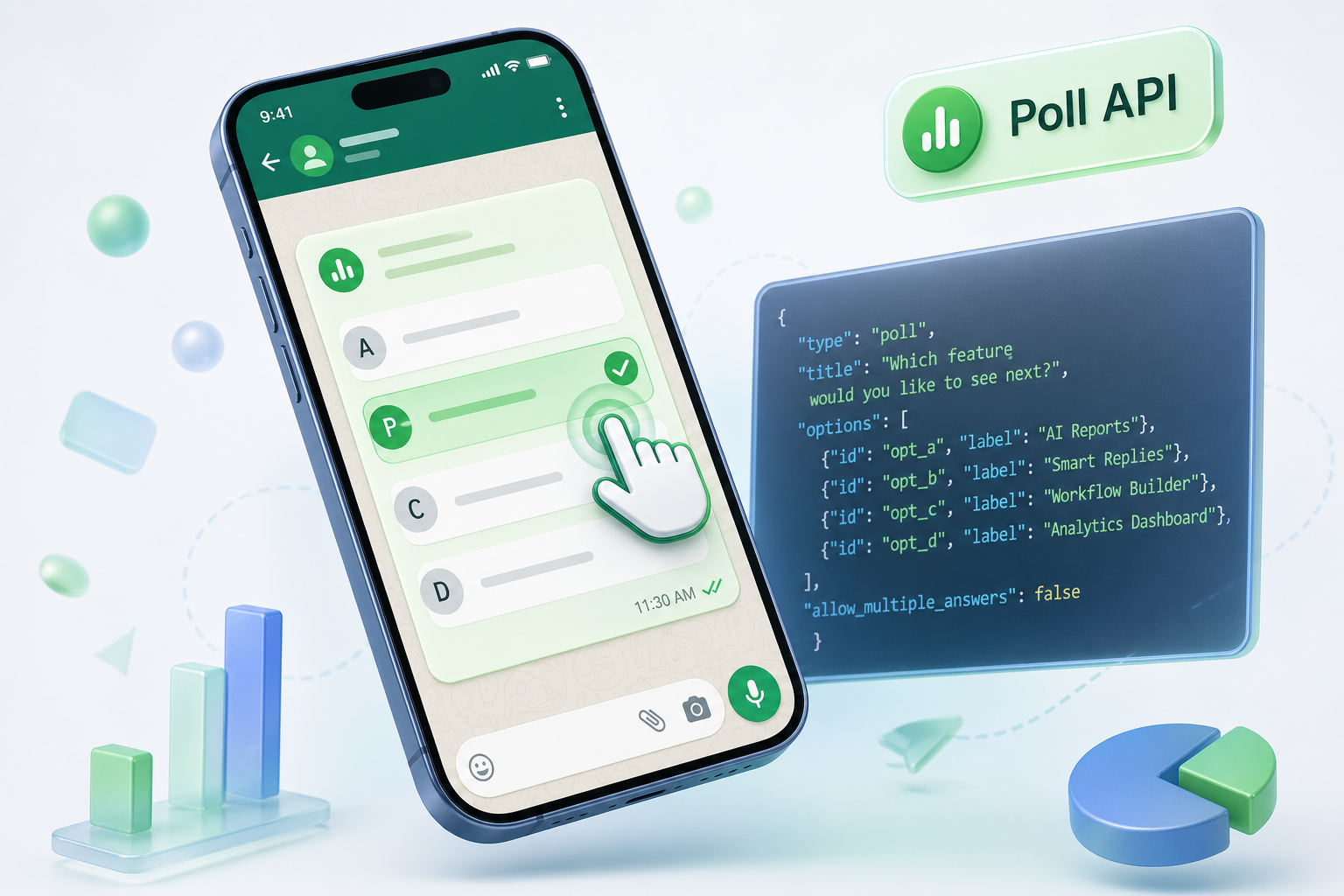 WhatsApp Channel poll message with voting options and API JSON payload structure diagram