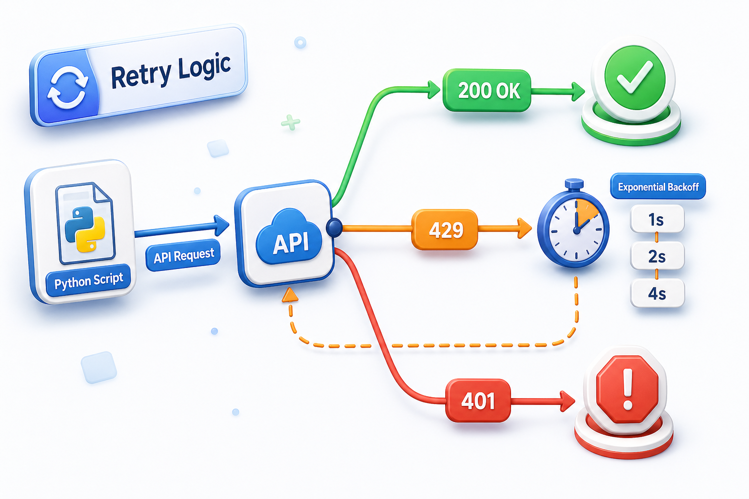 Retry logic flowchart for WhatsApp Channel API with 429 error handling and exponential backoff