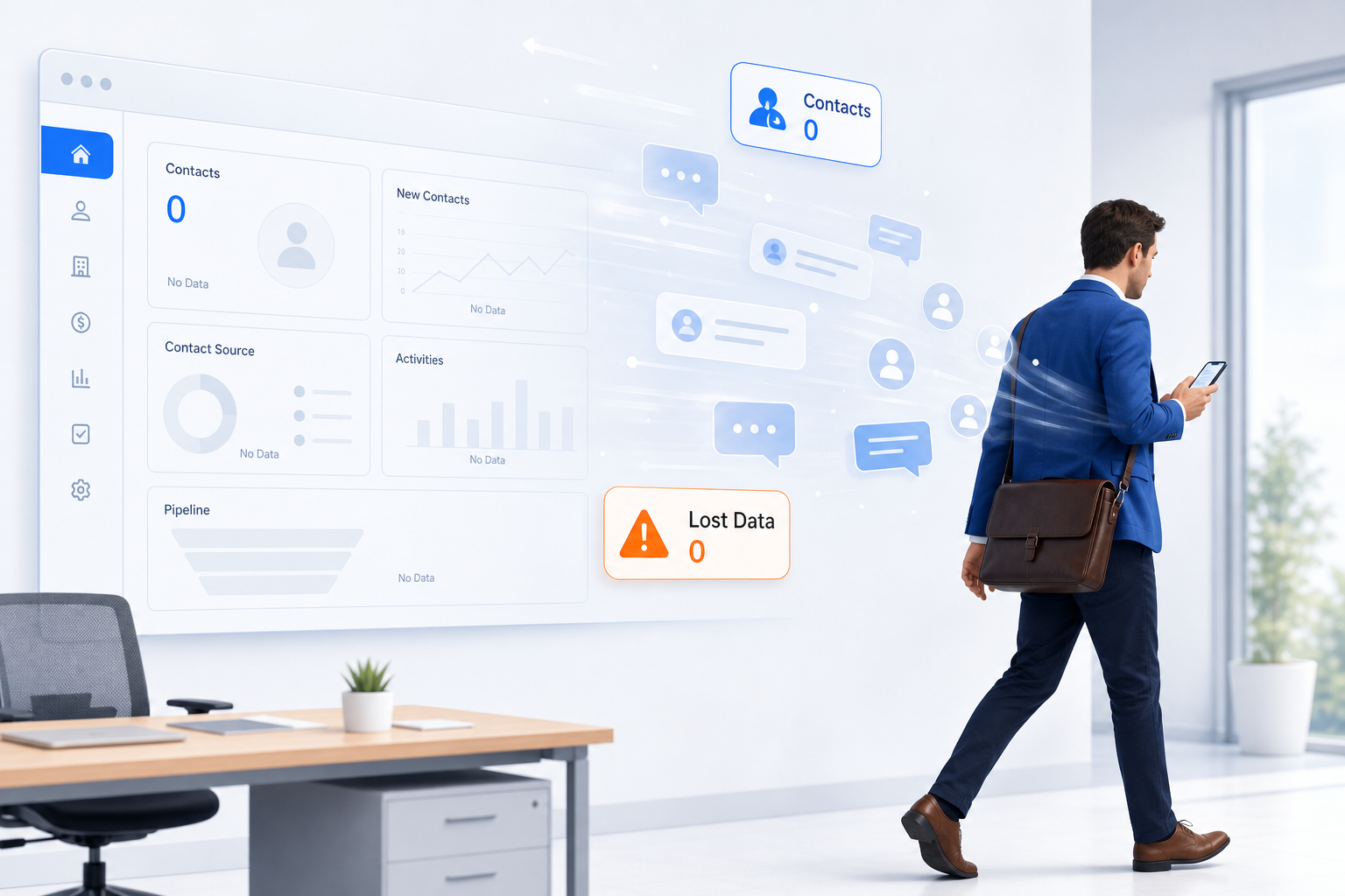 Sales rep leaving with phone showing lost customer conversation data