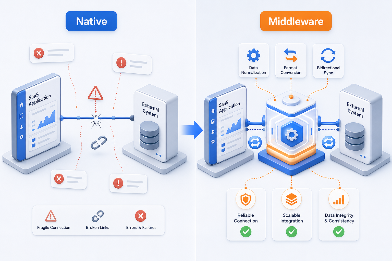 Comparison diagram showing native CRM integration versus middleware solution architecture