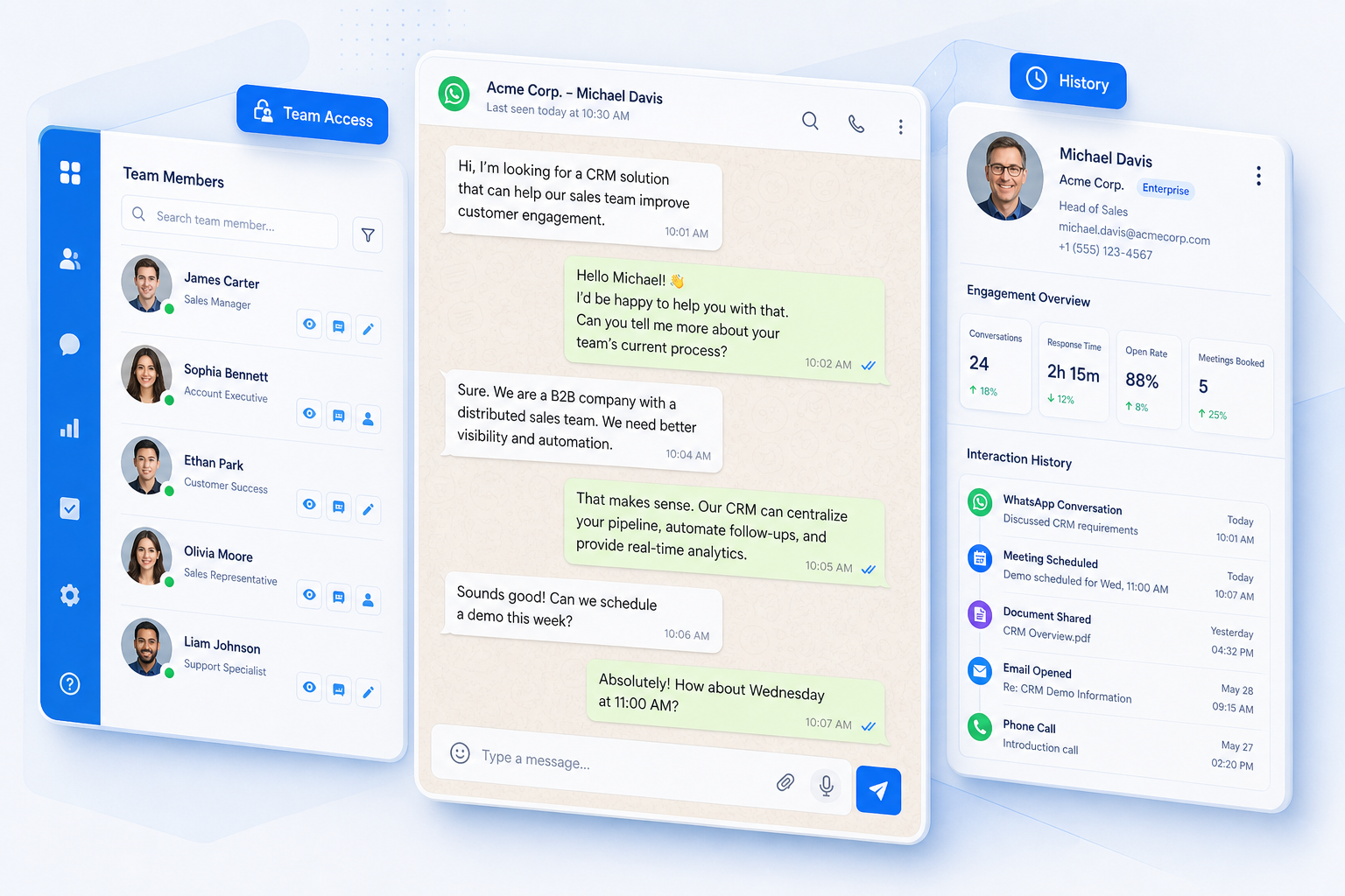 CRM dashboard showing shared WhatsApp conversation history accessible to team members