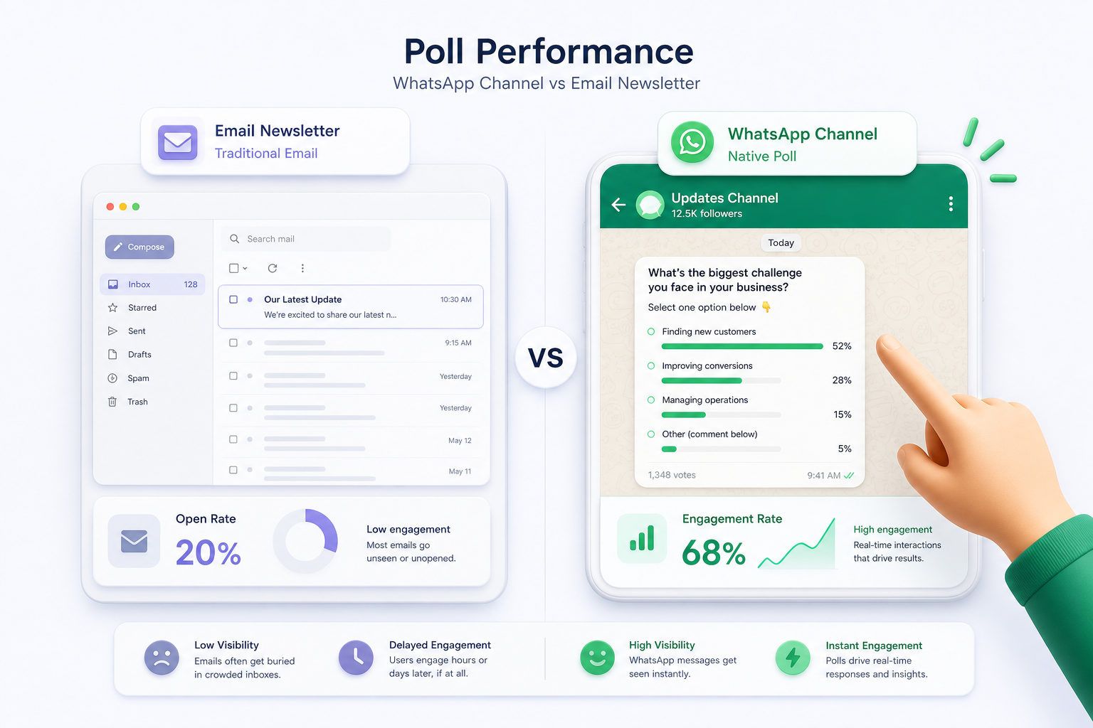 WhatsApp channel poll vs traditional email newsletter performance metrics