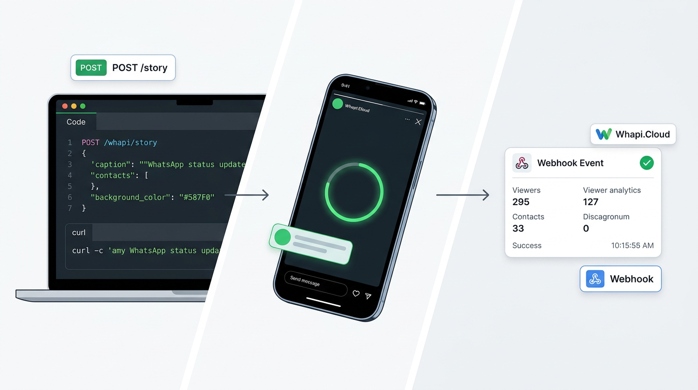 Whapi.Cloud Status API flow -- POST request to WhatsApp status endpoint, webhook event notification, and view analytics panel
