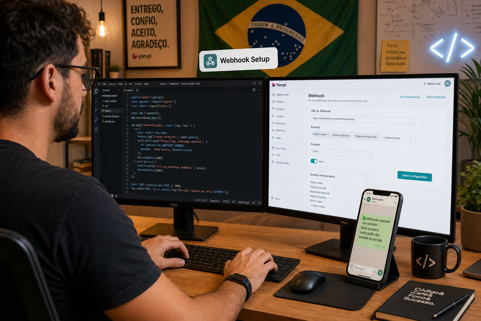 Developer setting up Yampi webhook integration with Whapi.Cloud in a code editor