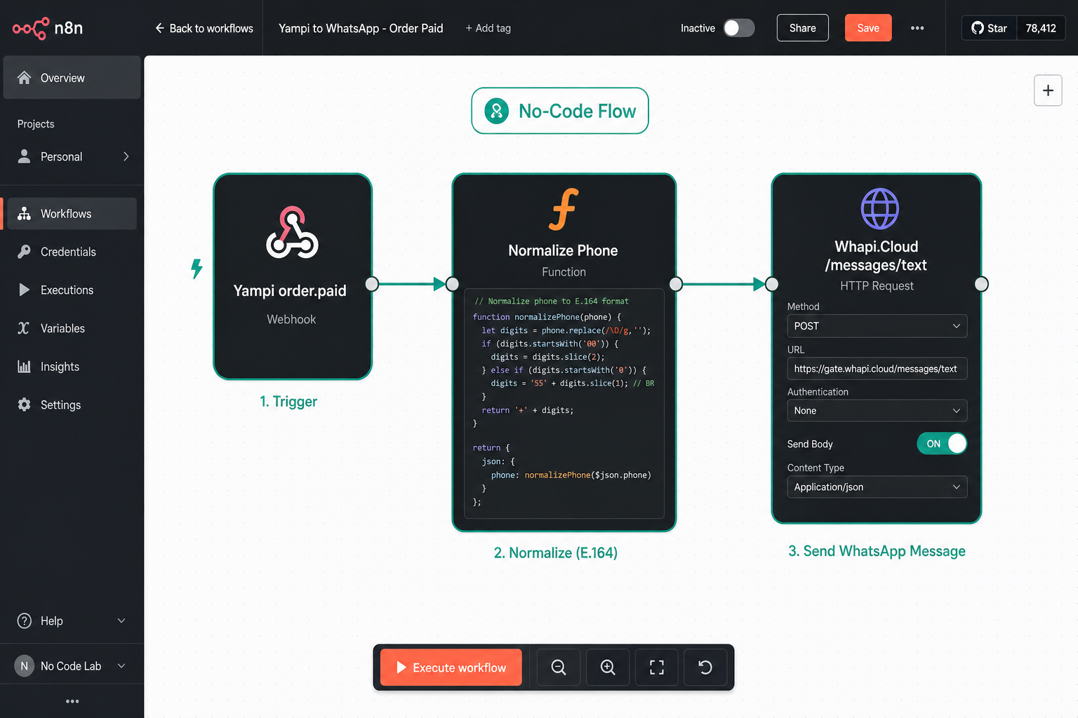 n8n workflow connecting Yampi webhook to Whapi.Cloud WhatsApp message node